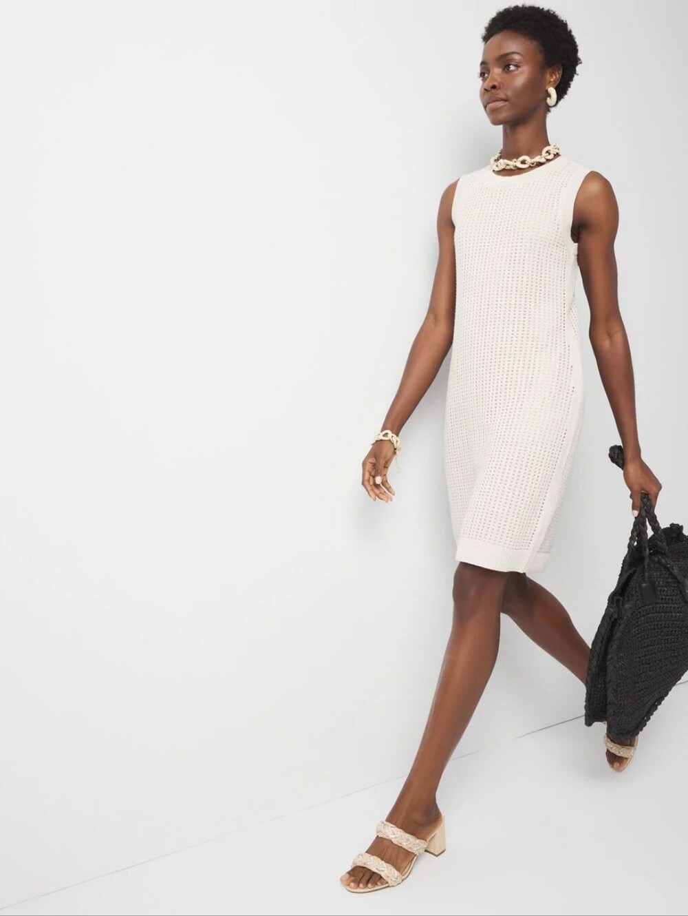 White House Black Market Sleeveless Crochet Mini Dress in Cream